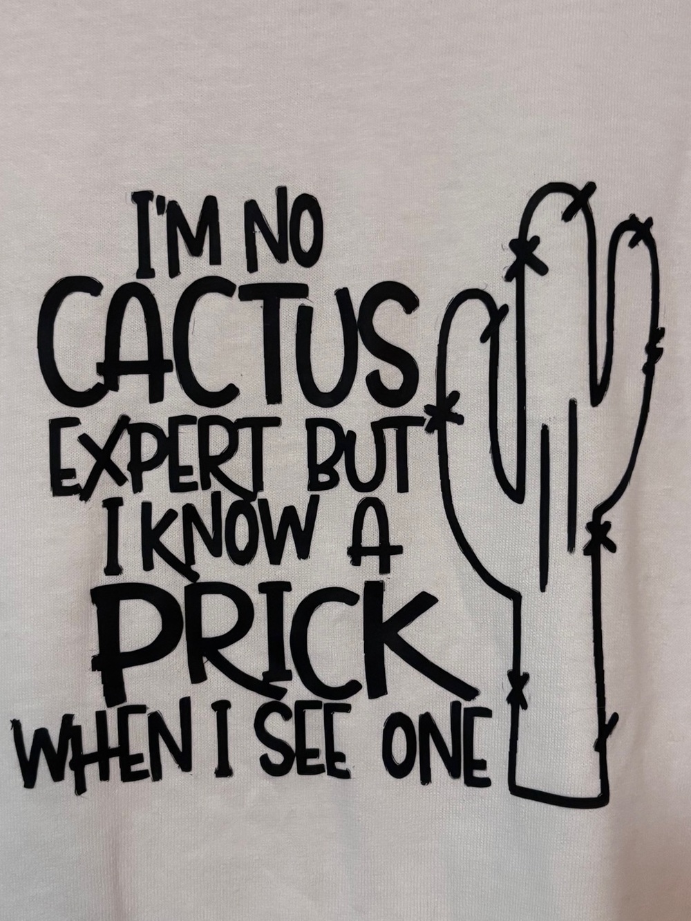 White Graphic Tee with funny prick Black Cactus Print HANDMADE